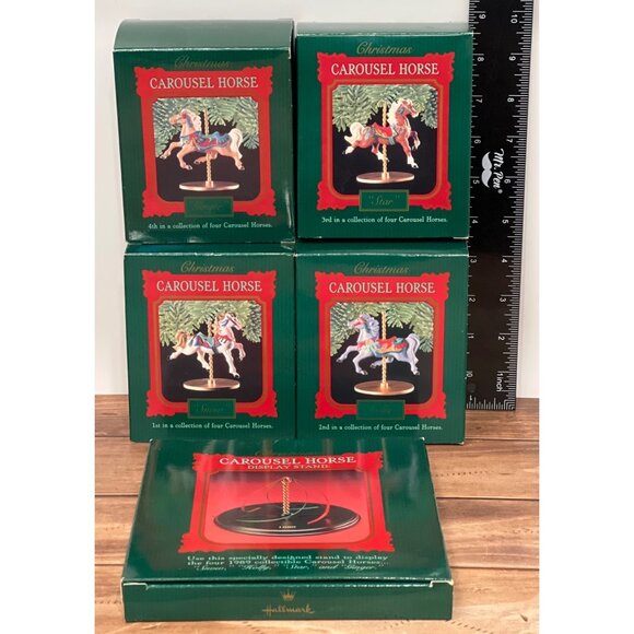 NIP Hallmark 1989 Carousel Horse Ornament Collection OF 4 WITH DISPLAY STAND - Picture 1 of 3